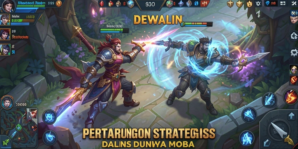 Gambaran gameplay MOBA yang intens dan strategis di DEWALIN.