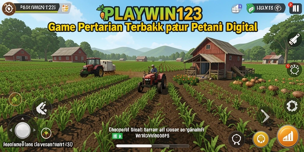 Screenshot gameplay PLAYWIN123 menampilkan ladang subur penuh tanaman hijau.