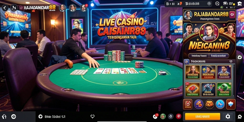Screenshot RAJABANDAR88 menampilkan dealer langsung yang berinteraksi dengan pemain dalam suasana kasino.