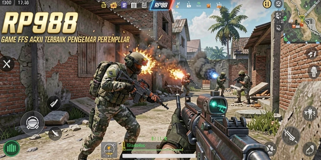 Tangkapan layar gameplay RP888 yang mendebarkan dengan aksi pertempuran FPS.