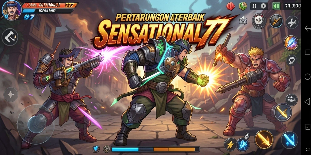 Screen utama SENSATIONAL77 menampilkan aksi pertarungan yang seru dan mendebarkan.