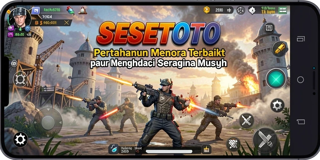 Tangkapan layar gameplay SESETOTO menampilkan pertahanan menara yang strategis.