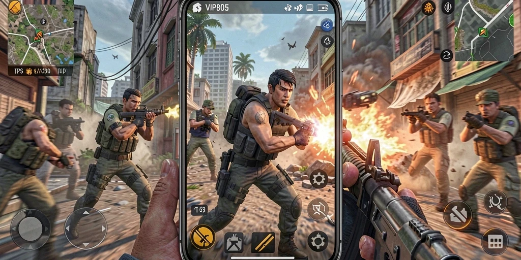 Screenshot gameplay VIP805 menampilkan pertempuran seru di lingkungan yang menarik.