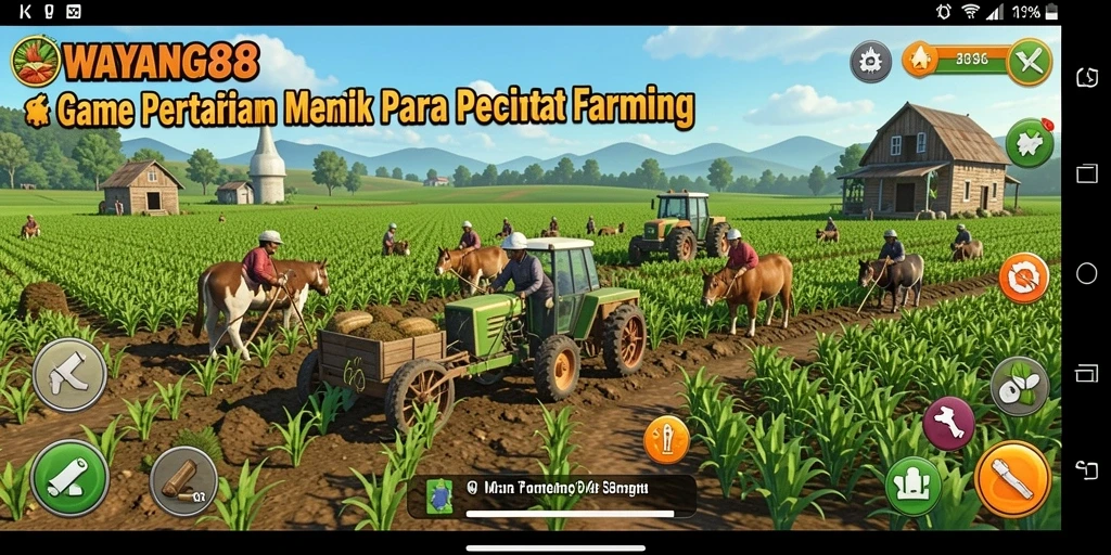 Tampilan gameplay WAYANG88 dengan berbagai tanaman dan hewan ternak.